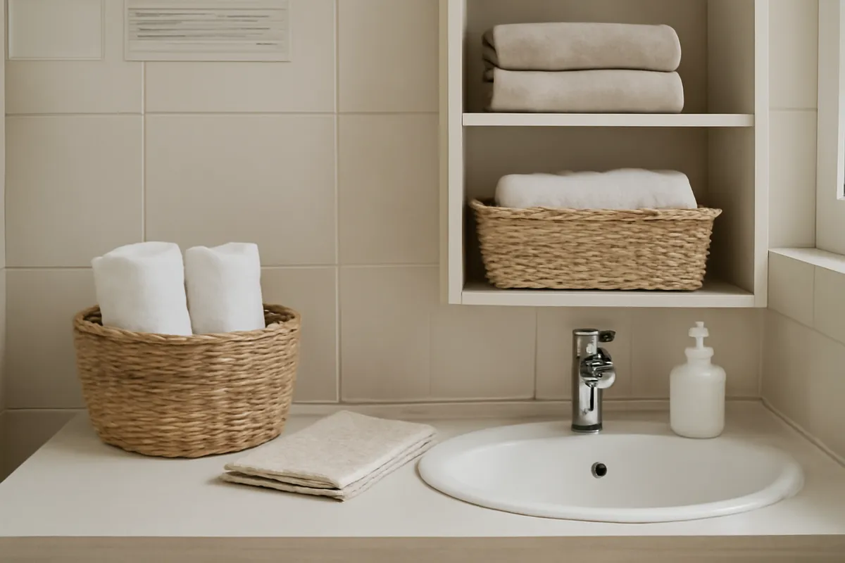 Baño familiar ordenado con cestos, toallas separadas y ventilación