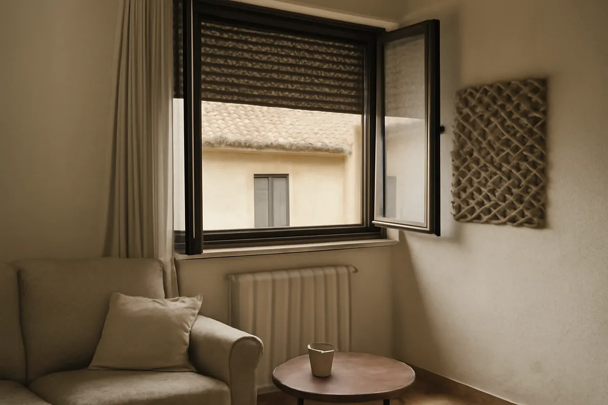 Ventana cerrada con juntas revisadas y cortina gruesa lateral