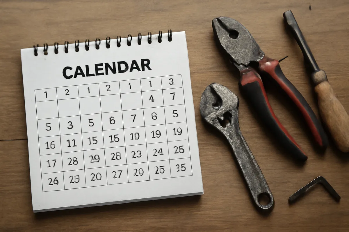 Calendario doméstico junto a herramientas básicas de revisión