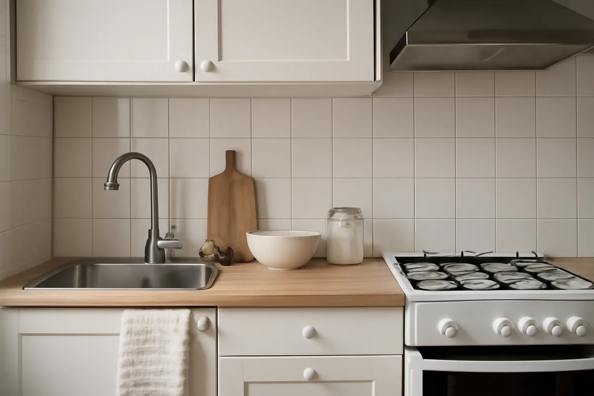 Plano de una cocina pequeña con zonas de lavado, preparación y cocción