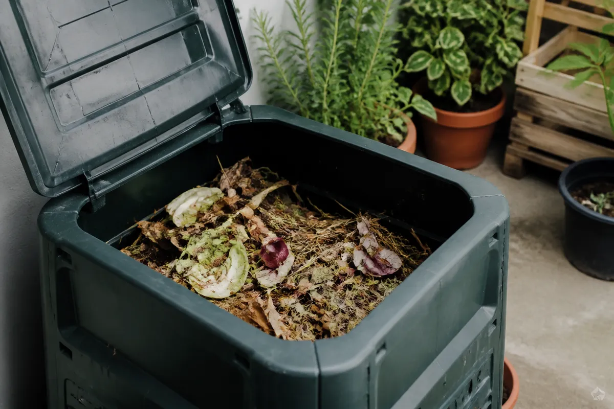 Compostera pequeña con mezcla de restos vegetales y material seco