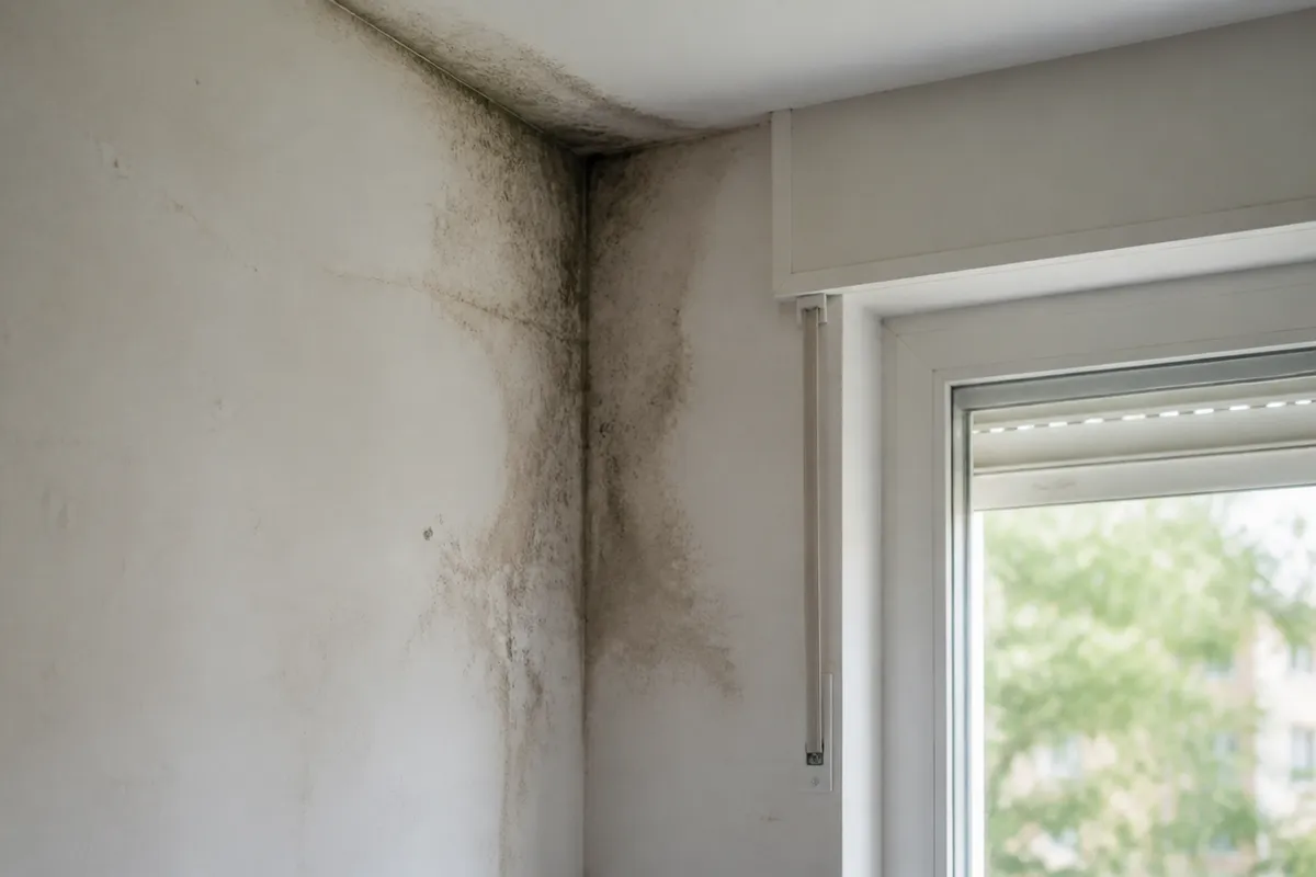 Mancha de humedad en la esquina de una pared junto a una ventana