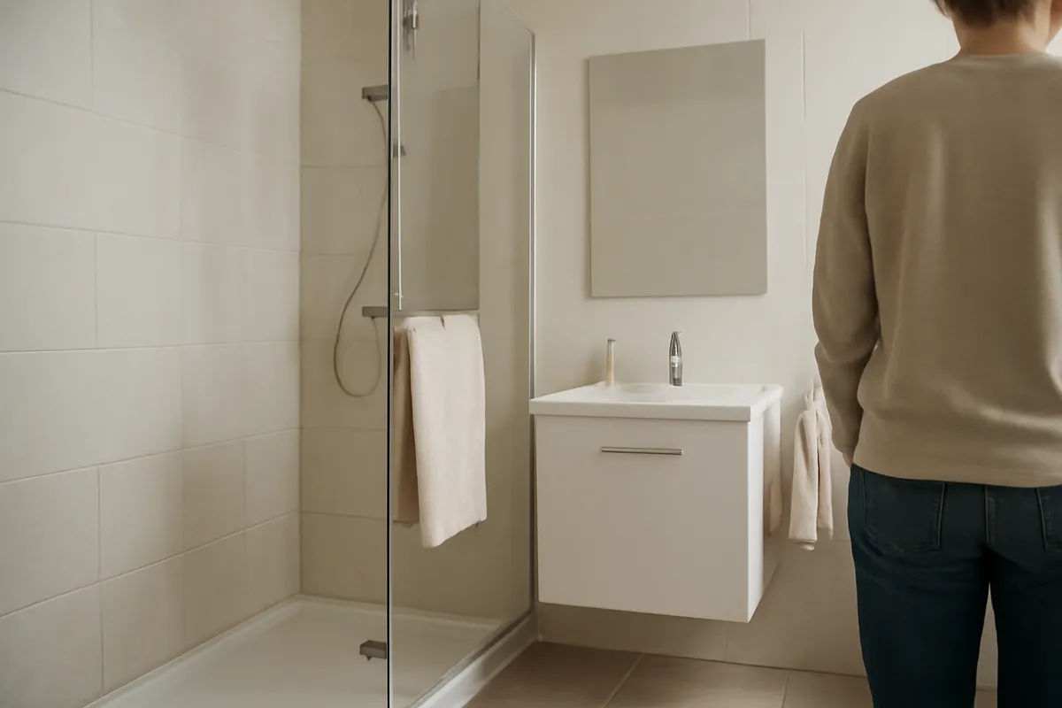 Baño con zona de ducha accesible y espacio de movimiento