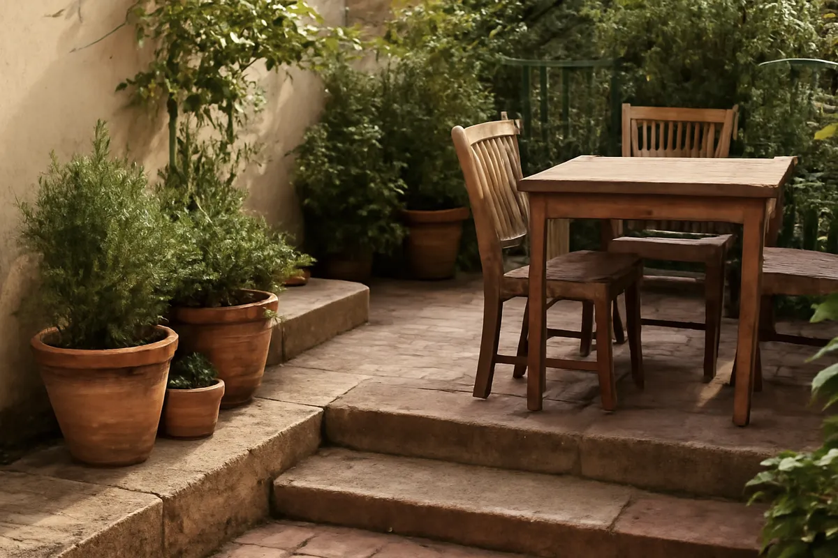 Patio con luz cálida dirigida a pasos y zona de mesa