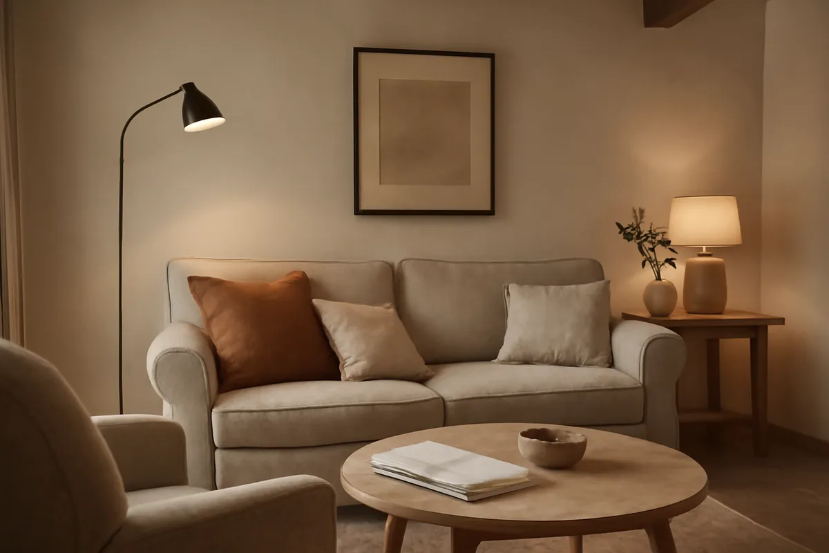 Salón iluminado con luz de techo, lámpara de lectura y luz indirecta