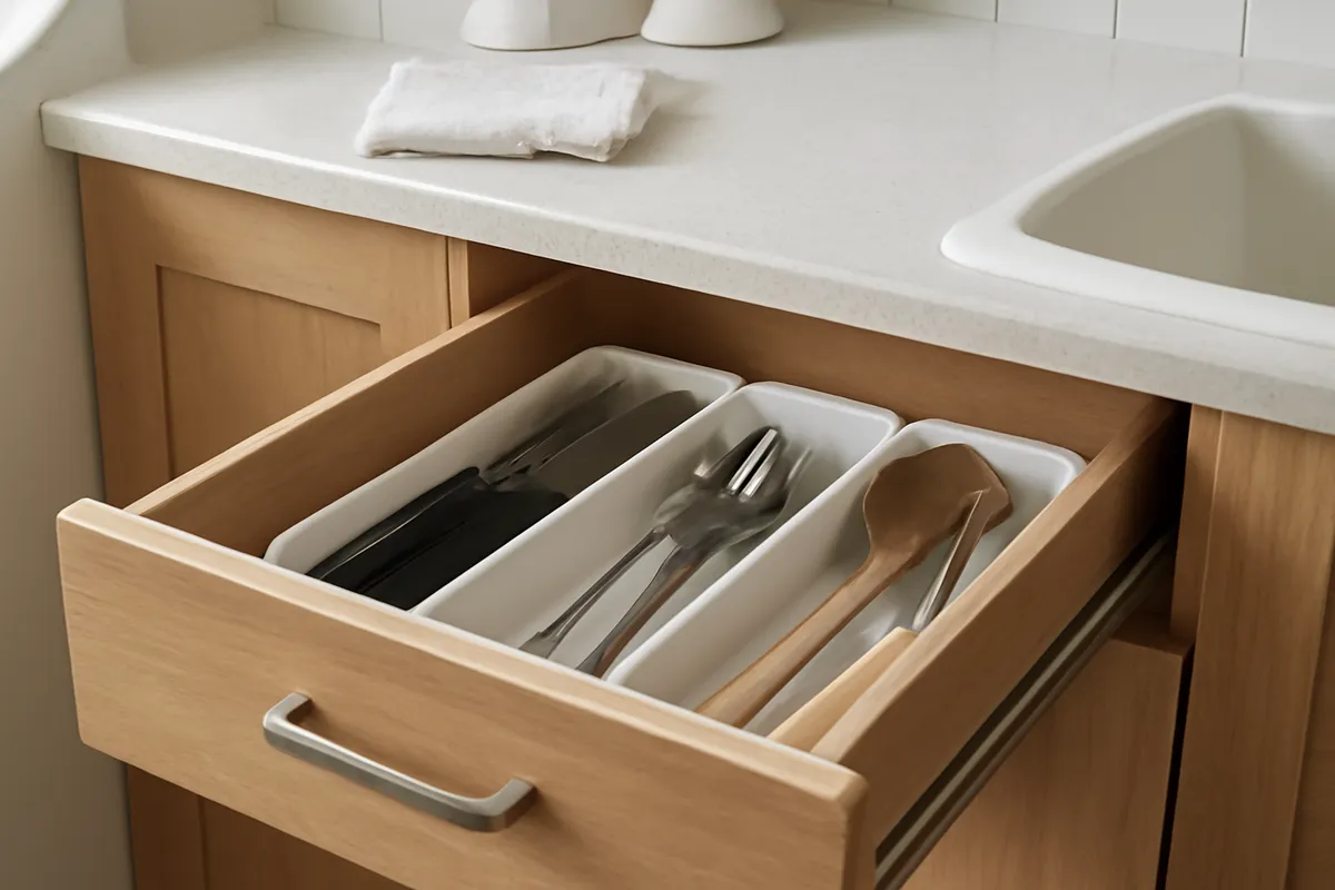 Cajón de cocina organizado con divisores y utensilios visibles