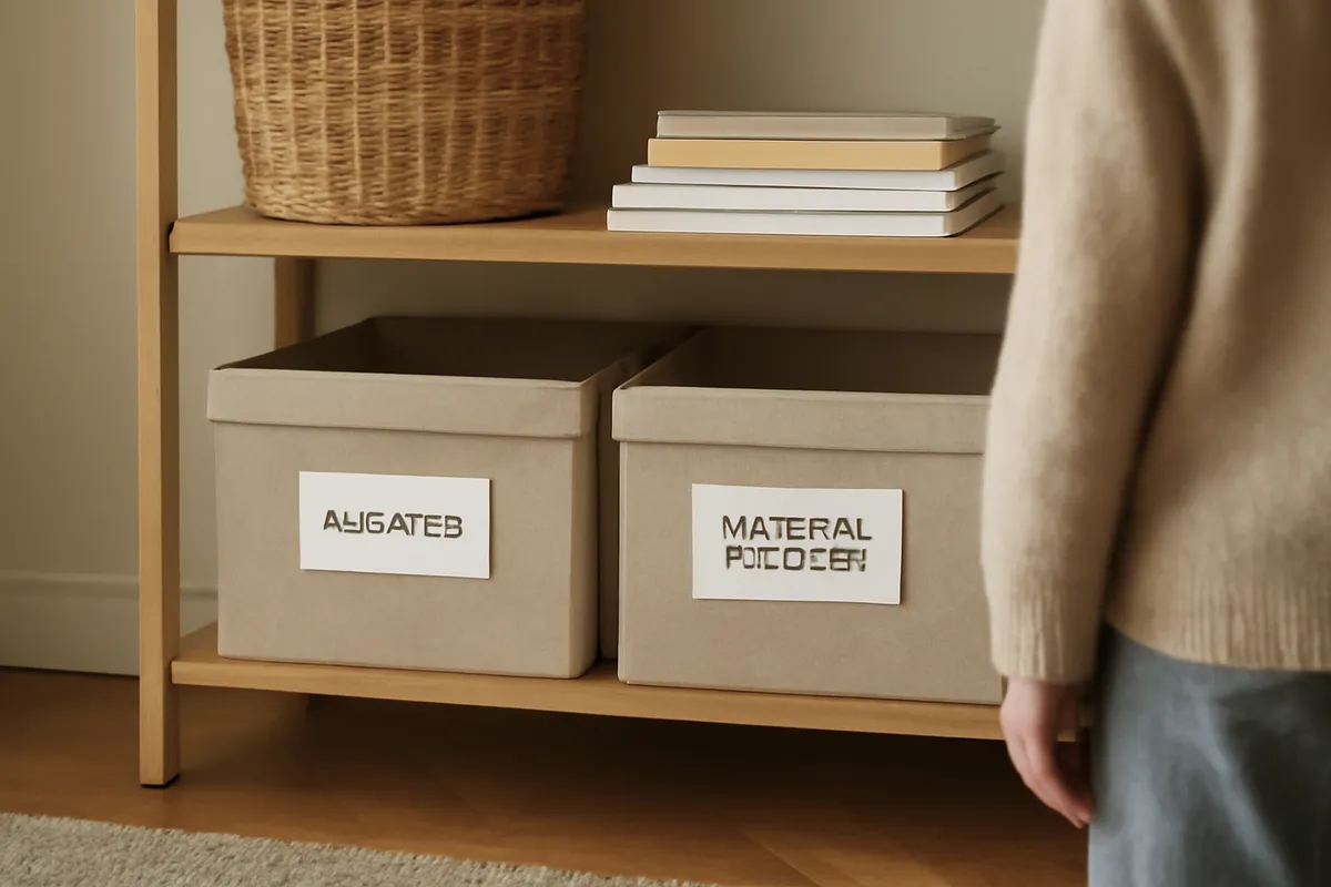 Estantería baja con cajas etiquetadas para juguetes y material escolar