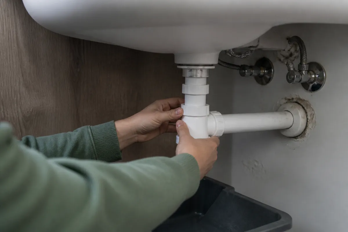 Revisión visual de un sifón y las conexiones bajo un lavabo