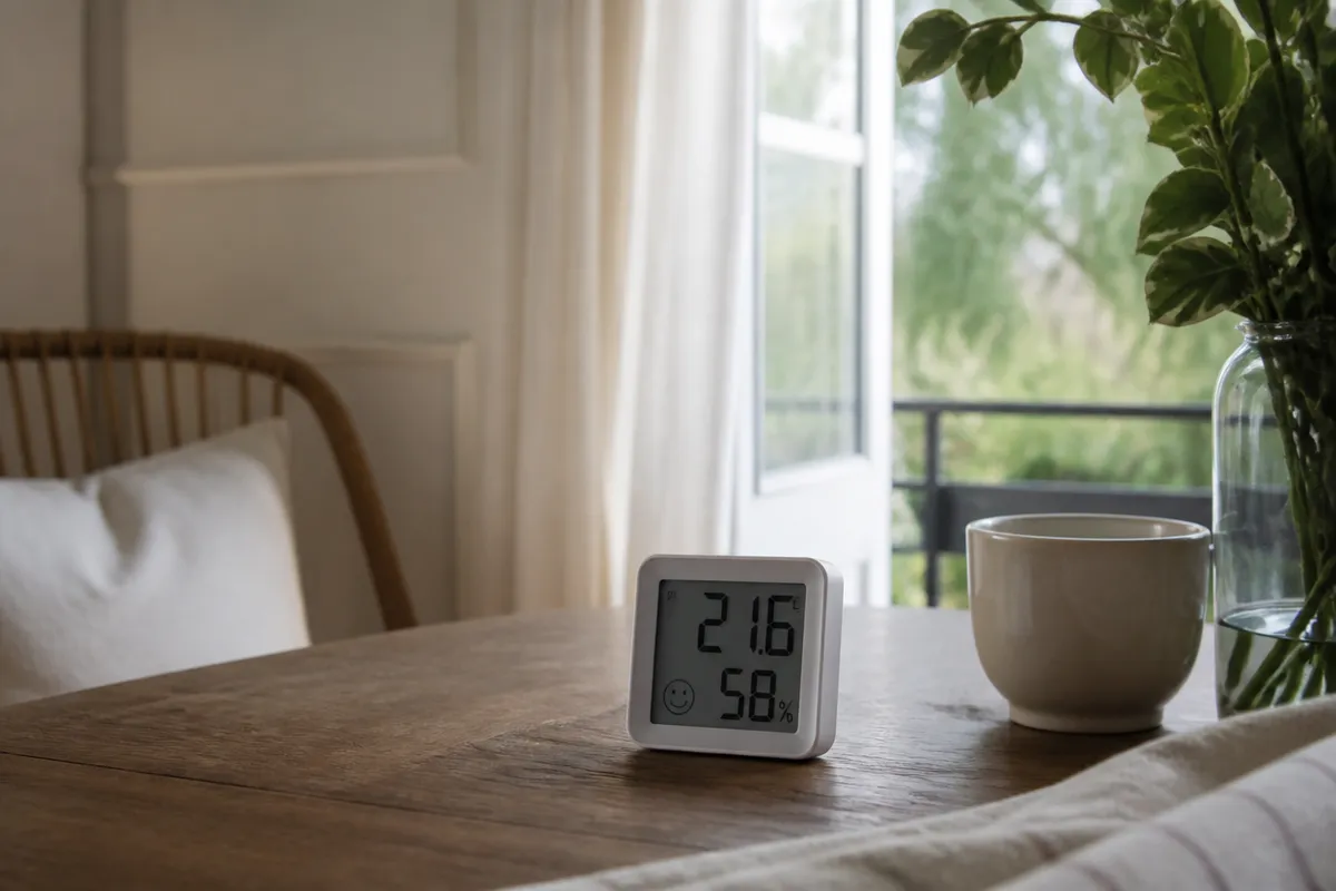 Termohigrómetro sobre una mesa en una estancia ventilada